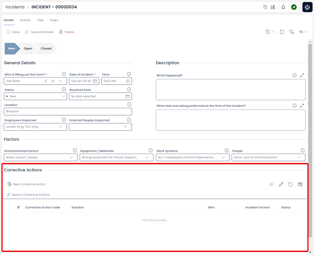 A screenshot of the Incident Report item page. The screenshot is annotated with a red box to highlight the location of the &quot;Corrective Actions&quot; data table component, at the bottom of the Incidents item details page.